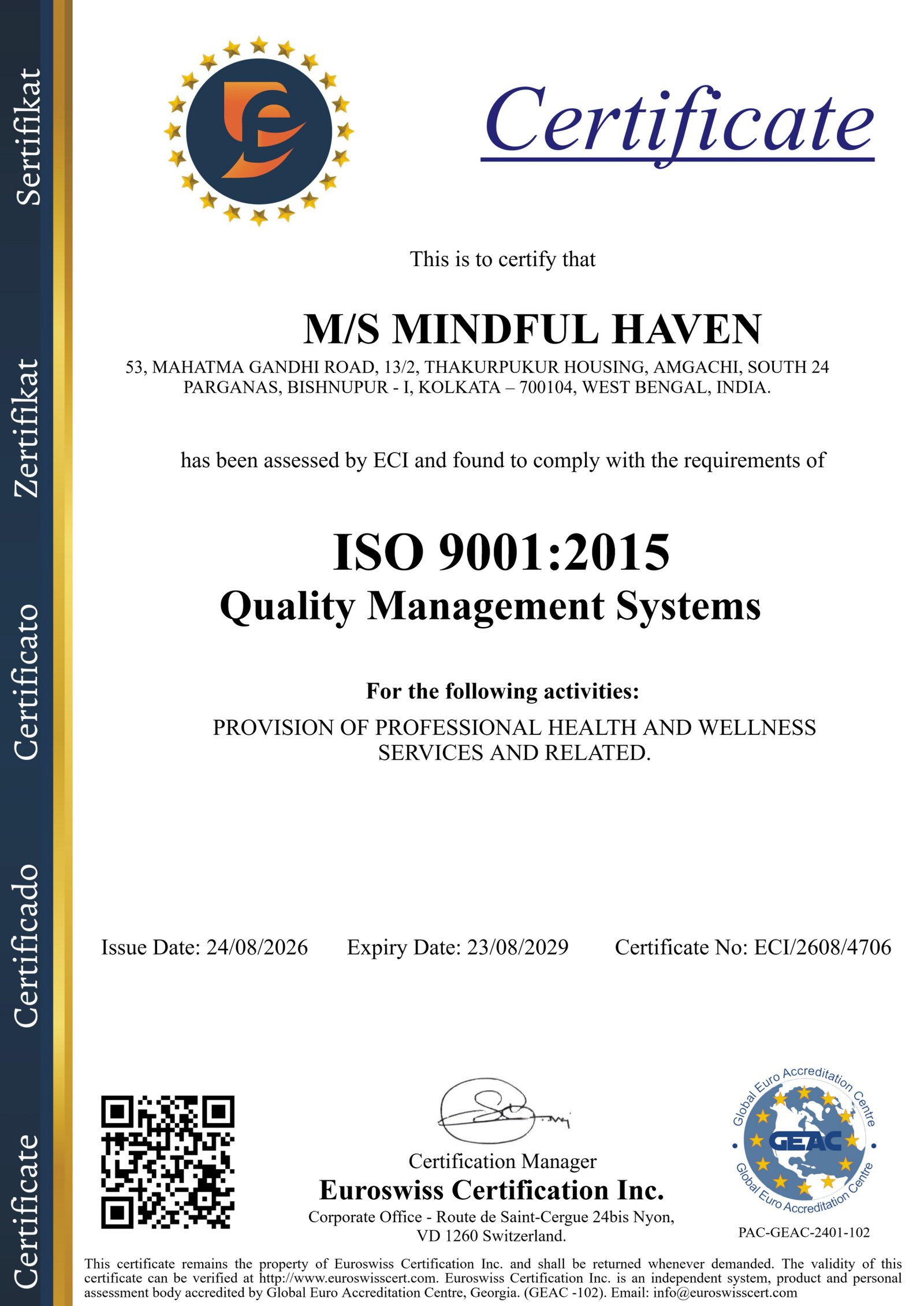 Mindful Haven QMS Certificate
